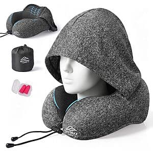 Grey SkytraxComf travel neck pillow with attached privacy hood for comfort and privacy during travel.