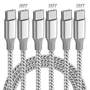 3-Pk 10' 60W KYEHD USB-C to USB-C Fast Charging Cable (Grey White) $4