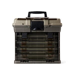 Plano Guide Series StowAway 4-By Rack System tackle box in black with four stackable 3700 utility boxes for fishing gear storage.