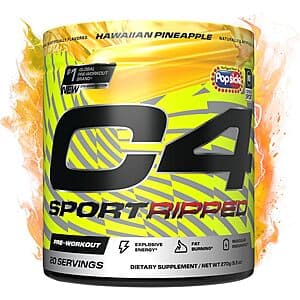 C4 Ripped Sport Pre-Workout Powder container in Hawaiian Pineapple flavor with white and blue labeling, 20 servings.