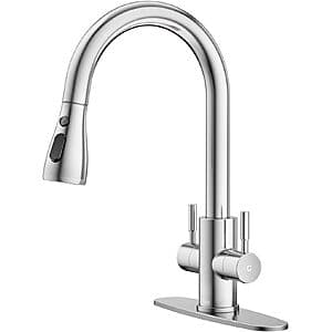 Chrome or brushed nickel pull-down kitchen faucet with flexible spray head and gravity ball retraction mechanism.
