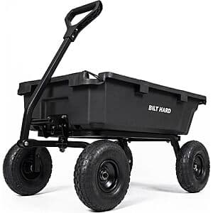 BILT HARD poly garden dump cart with 10-inch all-terrain wheels, 5 cubic foot capacity, and quick-release dumping system.