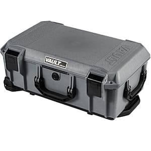 Gray Pelican Vault V525 rolling case with built-in wheels, ergonomic grab handle, and foam-lined interior for protecting sensitive equipment during transport.