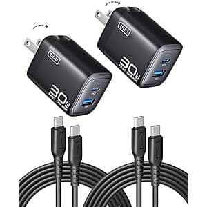 2-Pk INIU 30W GaN Mini USB-C/A Wall Charger w/ 2x 5' USB-C Cable (Black) $8.40