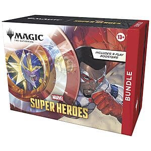 Magic: The Gathering Marvel Super Heroes Bundle box displaying 9 Play Booster packs, 30 basic lands, a foil alt-art promo card, and included accessories.