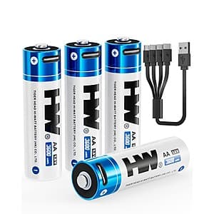 4-Pack HW AA USB-C Rechargeable 1.5V 3600mWh Lithium Batteries w/ 4-in-1 Cable $11.25