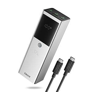 Black TALIX 12800mAh power bank with three charging ports and USB-C cable included.