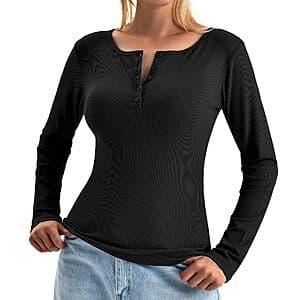 Walifrey women's long-sleeve henley shirt with ribbed stretch knit fabric and button-front neckline, displayed in neutral tone.