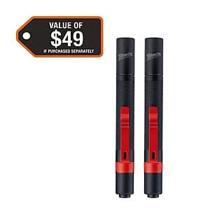 Two Milwaukee aluminum pen lights with clips, each rated at 100 lumens, packed together as a 2-pack.