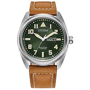 Citizen Men's Eco-Drive Garrison 42mm watch featuring a green dial, brown leather strap, and titanium case with sapphire crystal.