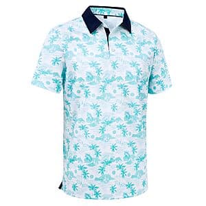 Men's printed polo shirt in stretch dry fit fabric, available in multiple colors for golf and casual summer wear.