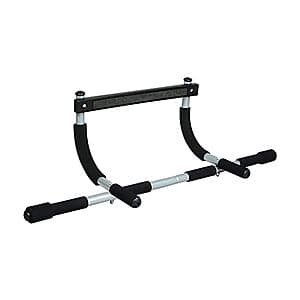 Iron Gym portable horizontal pull-up bar mounted in a door frame, black metal frame and handles.
