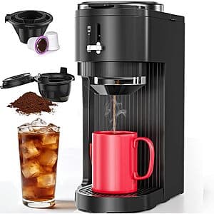 COWSAR 14-oz black single serve coffee maker with K-cup pod slot and ground coffee basket, compact countertop design.