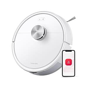 Roborock Q7 M5 robot vacuum and mop combo in black with round design and charging dock.