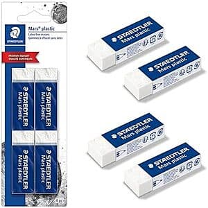 Four pink rectangular Staedtler Mars Plastic erasers in a 4-pack.