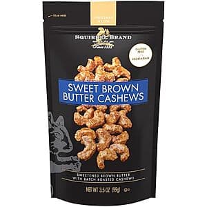 3.5-ounce bag of Squirrel Brand Sweet Brown Butter Cashews with brown packaging and product branding.