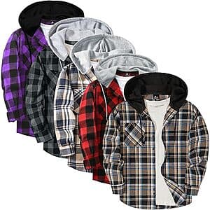 5-Pk ZITY Men's Long Sleeve Plaid Flannel Hoodie Shirts (Various) $30 + Free S&H