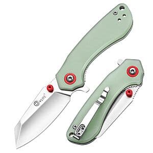 CVLIFE folding pocket knife with 14C28N steel blade and textured G10 handle, shown in open position with ergonomic grip design.