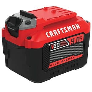 CRAFTSMAN V20 lithium ion battery pack with 9 Ah capacity and LED charge indicator window.