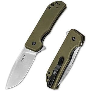 Kizer Nice Guy folding knife with olive green G10 handle and 2.84" D2 steel drop-point blade displayed open at 6.7" length.