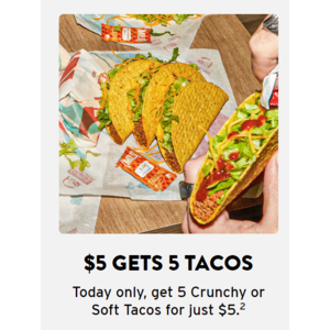 Taco Bell Rewards In-App Offer: 5-Count Crunchy or Soft Tacos $5 (Valid 5/5 Only)