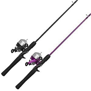Silver and pink Zebco 33 spincast 2-piece fishing rod and reel combo with 5'6" medium action rod and handle.