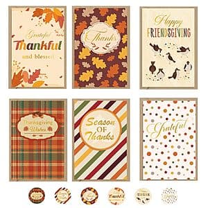 36-pack of 4" x 6" Thanksgiving greeting cards in 6 designs with white envelopes and colorful stickers.