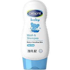 7.8-ounce bottle of Cetaphil 2-in-1 Baby Shampoo & Body Wash with Calendula, featuring a white and blue label on white plastic bottle.