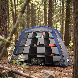 Timber Command Center with foldable pole structure, 12 deep storage compartments, built-in ground straps, and included carry bag for portable transport.