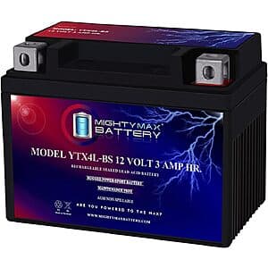 Mighty Max Batteries: 3Ah YTX4L-BS SLA Battery for ATV Quad Dirt/Pit Bike $11.90 & More