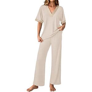 2-Pc GKBK Women's 3/4 Sleeve V-Neck Pajama Lounge Set (White or Black) $10