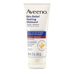 Aveeno Skin Relief Healing Ointment 2-ounce travel-size container with Triple Oat and Shea Butter formula in packaging.
