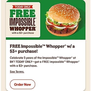 Burger King: Free Impossible Whopper w/$3+purchase- Aug 8, 2024 Only