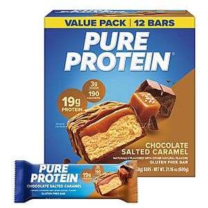 12-count box of Pure Protein Chocolate Salted Caramel Protein Bars with brown packaging.
