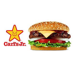 Famous Star with Cheese burger from Carl's Jr., a classic charbroiled burger with melted cheese, lettuce, tomato, and pickles on a sesame seed bun.