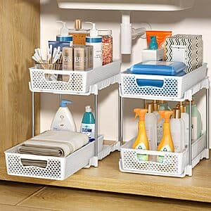 2-pk DABIGE Pull Out 2 Tier Stackable Under Sink Bathroom Organizers $12 & More