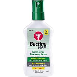 Blue and white 5-oz bottle of Bactine Max First Aid Pain Relief Cleansing Spray with 4% lidocaine.