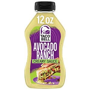 12-oz bottle of Taco Bell Creamy Avocado Ranch Sauce with product label.