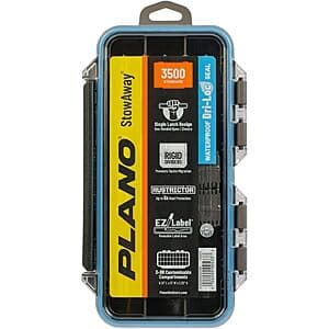 Plano StowAway 3500 waterproof tackle box with rustproof construction and O-ring seal, designed for fishing storage and protection.
