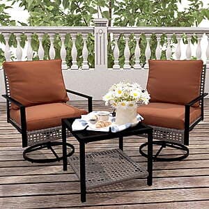 3-Pc Ainfox Patio Swivel Chair Bistro Set w/ Glass Top Table & Cushions $115 + Free S&H