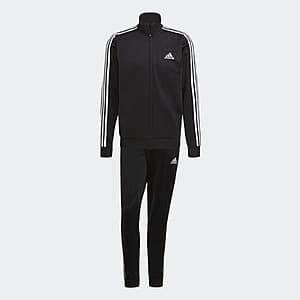 Adidas men's tracksuit featuring navy Legend Ink with white 3-stripes on sleeves and legs.