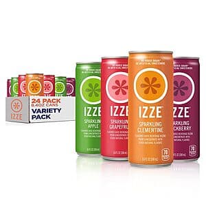IZZE Sparkling Juice 24-pack variety pack with assorted cans featuring Blackberry, Clementine, Apple, and Grapefruit flavors.