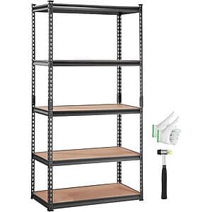 Black VEVOR 5-tier metal storage shelving unit, 36 inches wide by 72 inches tall, with adjustable shelf levels and sturdy metal frame construction.