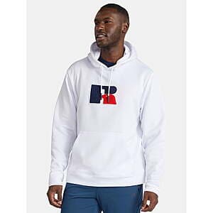 White Russell Athletic men's pullover hoodie with flocked chenille logo patch on the chest.