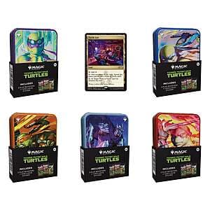 Five Magic: The Gathering Teenage Mutant Ninja Turtles character-themed collectible tins with booster pack contents visible.