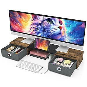 Prime Members: WESTREE Dual Monitor Stand Riser w/ Two Drawers (Rustic Brown) $30 + Free Shipping