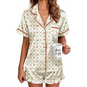 Ekouaer Women's Satin Ruffle Button-Up Short Pajama Set (various) $10