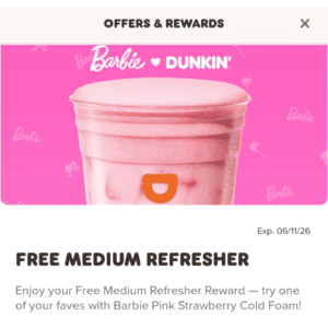 Dunkin' App: Get a Medium Refresher Free + Free Pickup