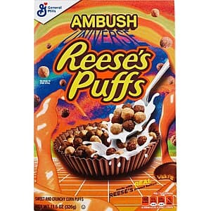 Box of General Mills breakfast cereal, variety of options available including Cinnamon Toast Crunch, Lucky Charms, Cheerios, Cocoa Puffs, Reese's Puffs, and Cookie Crisp.