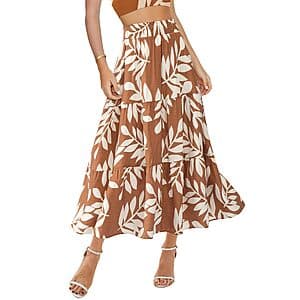 BTFBM women's floral midi skirt with elastic high waist and A-line silhouette, featuring functional pockets and available in multiple color options.